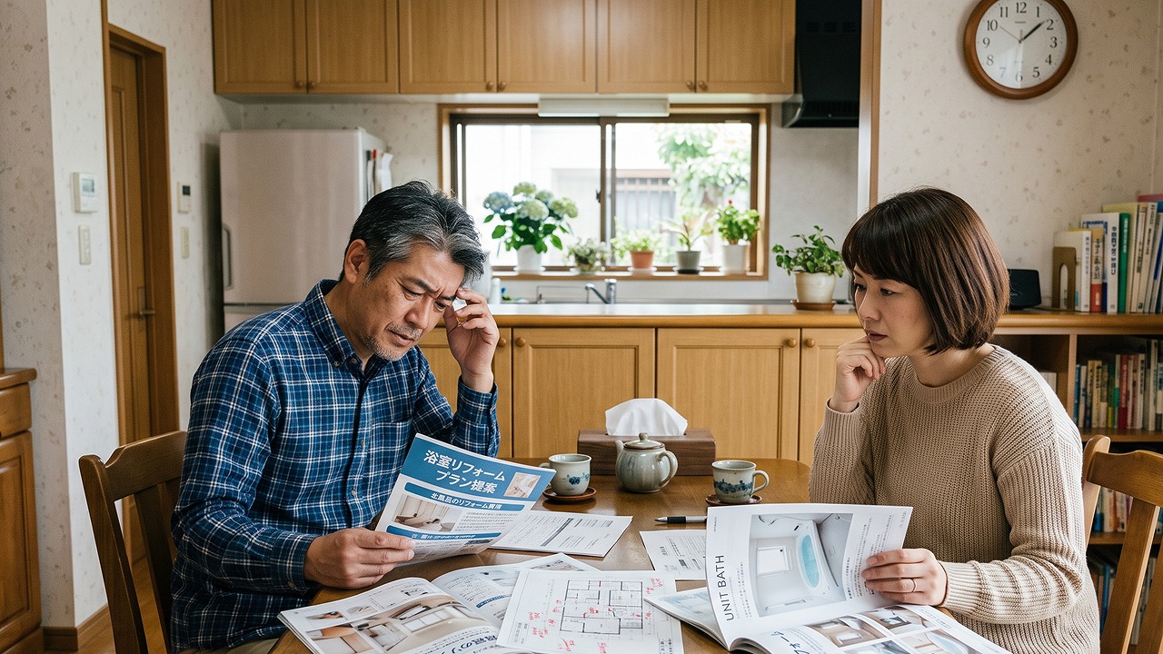 浴室リフォームに悩む夫婦のイメージ（AI作成）